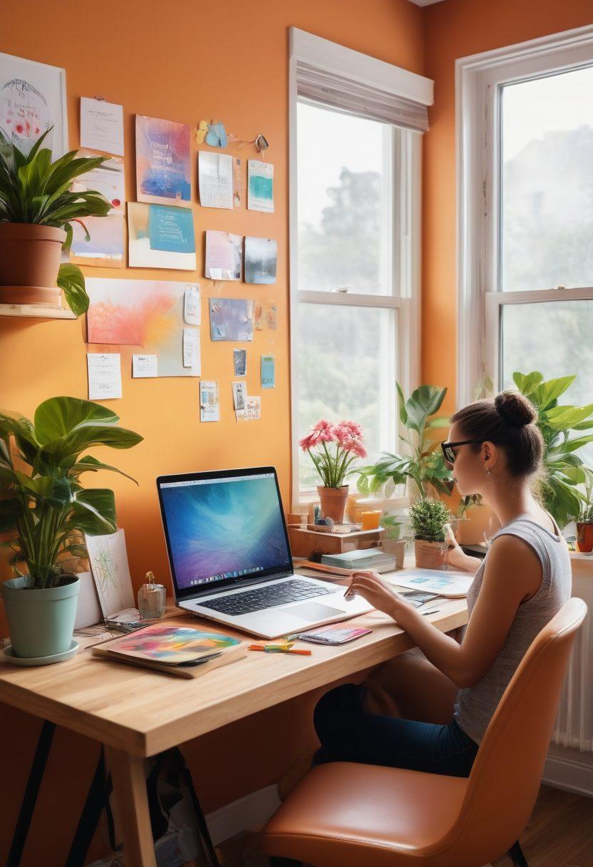 A person sitting at a sleek desk, creatively designing their personal website on a laptop, surrounded by colorful artwork and inspirational quotes. There are elements representing various hobbies, like a guitar, paintbrush, and camera, blending into the background. Soft natural light filters through a window, highlighting a blooming plant. The atmosphere is vibrant and motivating, inspiring others to build their online brand. super-realistic. vibrant colors. cozy workspace.
