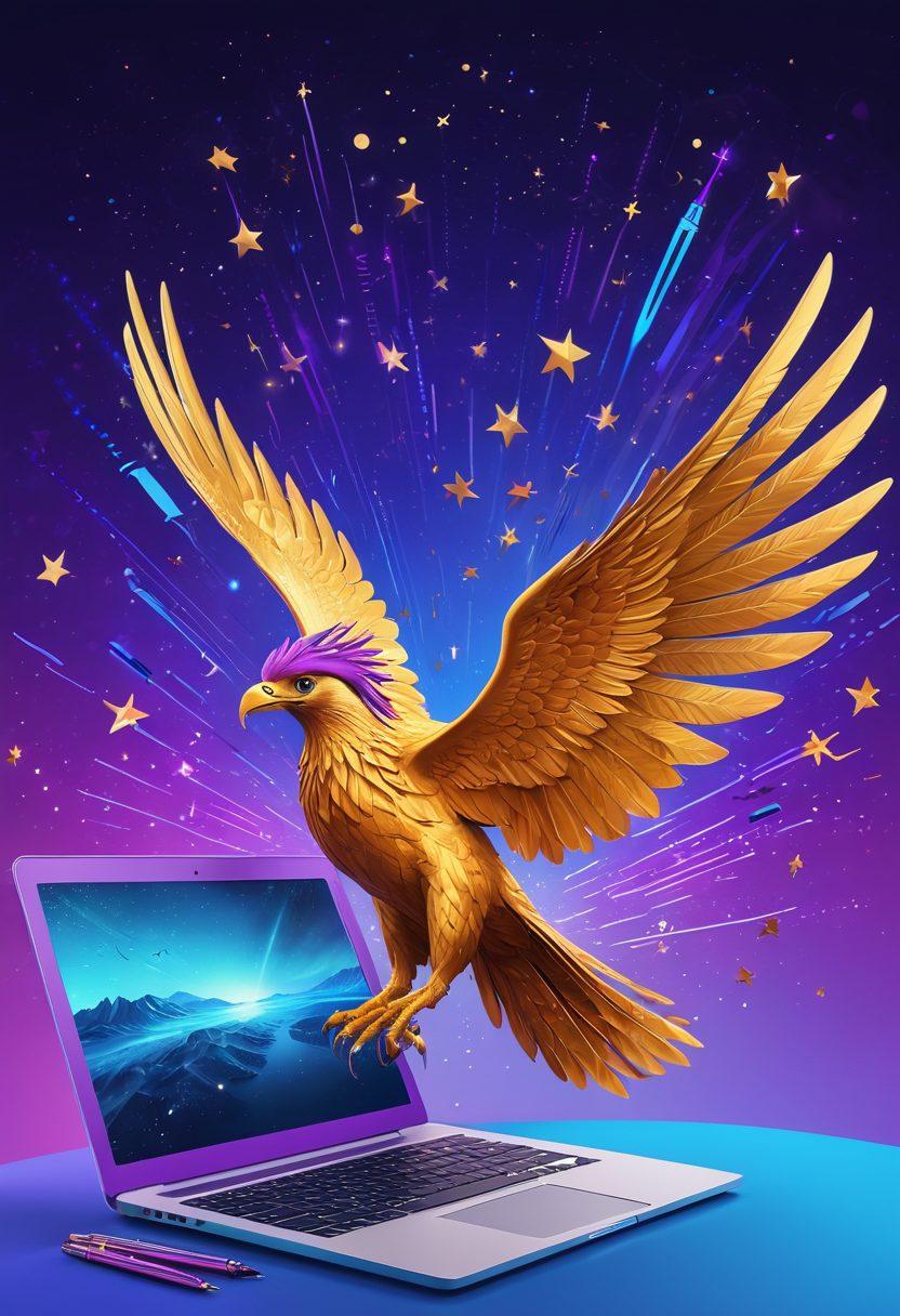 An upward soaring digital phoenix, representing the elevation of an online presence, surrounded by vibrant social media icons and creative elements like pens, laptops, and digital screens showcasing blogs. The background is a gradient of blue to purple sky, symbolizing the digital realm, with golden stars for inspiration. super-realistic. vibrant colors.