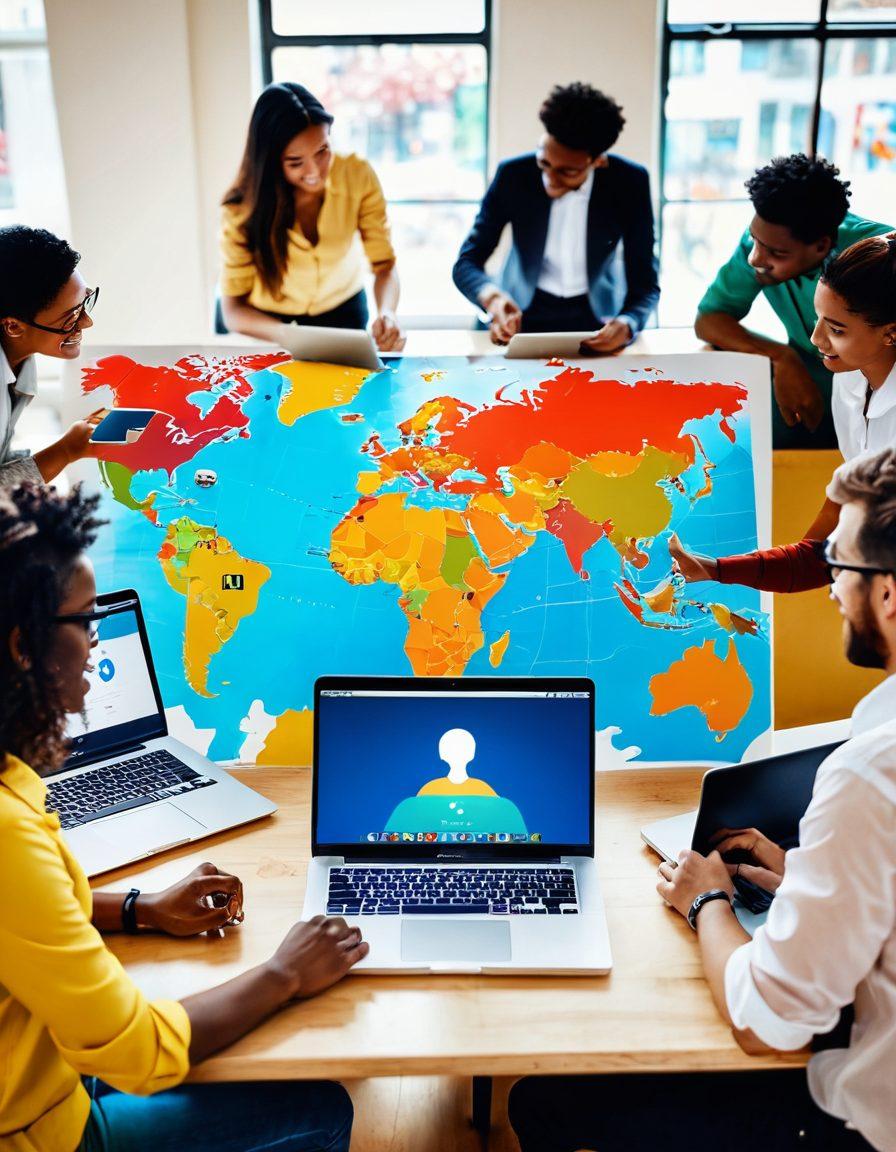 A diverse group of people from different cultural backgrounds collaborating over laptops in a bright, open workspace, symbolizing global community and engagement in blogging. Colorful icons representing different social media platforms float around them, enhancing the sense of connectivity. A world map is visible in the background, showcasing various regions. The atmosphere is lively and inviting. vibrant colors. super-realistic.